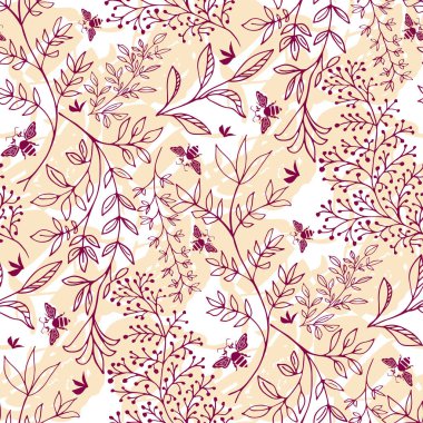 Yabani çayır otları ve arılar kusursuz vektör desenli arka plan. Dağınık çizgili sanat yaprakları ve boyalı arka planda uçan böcekli yaprak dalları. Her yerde modern botanikle meşgul..