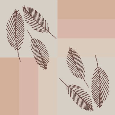Mono print style scattered leaves seamless vector pattern background. Diagonal lines of lino cut effect leaf foliage on square striped pink brown backdrop. Geometric painterly all over print. clipart