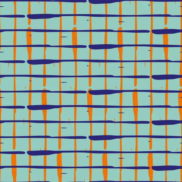 Grunge line vector seamless grid pattern background. 조직적 인 인형용 잉크 솔로 스냅 스타일의 백그라운드가 있다. 크레스 크로스 트랩은 기하학적 설계에 영향을 미친다. 네온 주황 인디고가 인쇄되어 있고 — 스톡 벡터