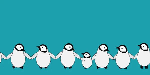 Söt Kawaii pingvin baby vektor gräns bakgrund. Banner av en bedårande rad av tecknad karaktär kejsare kycklingar som håller vingar på aqua blå bakgrund. Handritad vinter geometrisk horisontell repetition. — Stock vektor