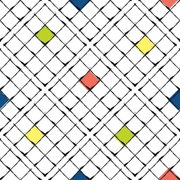 Vector waffle tecido efeito sem costura fundo padrão. Diagonal Bauhaus plano de fundo grade estilo com quadrados de cor vermelho, azul, amarelo offset. Ilustração desenhada à mão. Arte moderna geométrica por toda a impressão —  Vetores de Stock