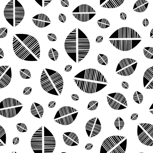 Abstrakte Mono-Print-Stil Stammesblätter nahtlose Vektormuster Hintergrund. Einfache Lino-Schnitt Effekt-Hälften von Offset-strukturierten Blättern. Schwarz-weißer Wiederholungshintergrund. Überall verstreute Motive. — Stockvektor