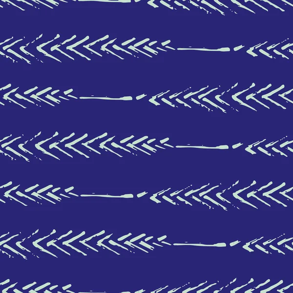 Mono-Print-Stil schmalen Blätter nahtlosen Vektormuster Hintergrund. Einfache Lino-Schnitt-Effekt malerisch umreißen Blatt Laub auf blauem Hintergrund. Zu Hause handgefertigtes Konzept. Horizontale geometrische Wiederholung — Stockvektor