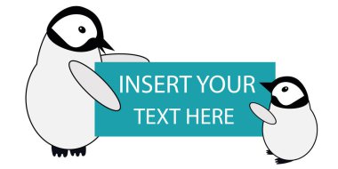 Şirin Kawaii penguen bebek illüstrasyon afişi. İki sevimli karikatür imparatoru piliç ellerinde su mavisi bir tabela tutuyor. Kopya metnin için yer var. El yapımı kış temalı tasarım. Çocuklar için harika..