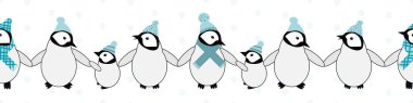 Tatlı Kawaii penguen bebekleriyle vektör sınırı. Mavi şapkalı ve eşarplı karikatür imparatoru civcivler ön planda kanat takıyorlar. Kenarlık ve kurdele için kış temalı afiş