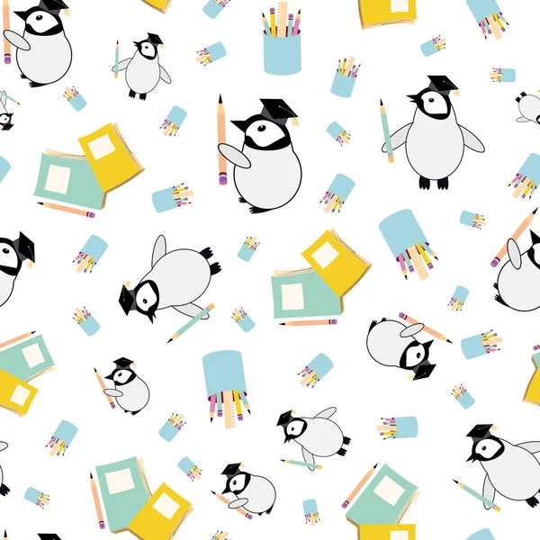 Gira vetor Kawaii pinguim pintos com chapéus estudiosos, lápis, cadernos em fundo branco. Espalhado desenho animado imperador bebê sem costura fundo padrão. Diversão toda sobre impressão para a educação, conceito da escola — Vetor de Stock