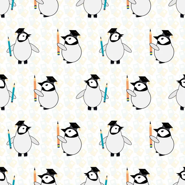 Giro vetor Kawaii pinguim filhotes com chapéus estudiosos, lápis, em notebook texturizado fundo branco. Desenhos animados geométricos imperador bebê sem costura fundo padrão. Diversão toda sobre impressão para o conceito da escola — Vetor de Stock