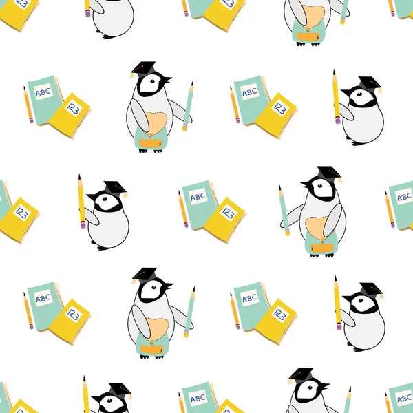 かわいいベクトル白い背景に学者の帽子、鉛筆、ノートブックを持つかわいいペンギンの雛。神秘的な漫画の皇帝赤ちゃんシームレスなパターンの背景。学習、学校の概念のための印刷上のすべての楽しみ — ストックベクタ