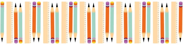 Conjuntos de lápis com topos de borracha e borda vetorial réguas em um fundo branco. Banner repetido sem costura com linhas verticais alternadas de canetas coloridas. Design para escola, aprendizagem, conceito de educação —  Vetores de Stock