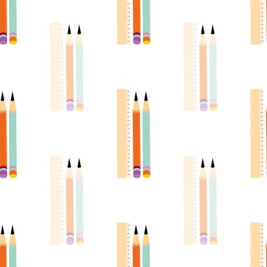 Beyaz bir arka planda, kalem ve cetvellerin kusursuz vektör desenleri. Parlak ve pastel kalemlerin arka arkaya sıralanmış dikey sıralarıyla Geometrik arkaplan. Okul, öğrenim ve eğitim için her şey yazılı.