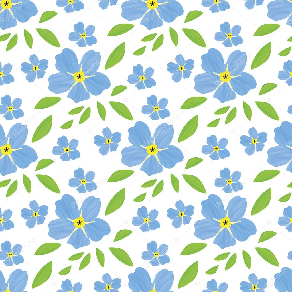Blue Forget-Me-Not floral seamless pattern background. Beautiful backdrop of painterly watercolor effect groups of mysotis flowers. Hand drawn botanical design. All over print for spring concept