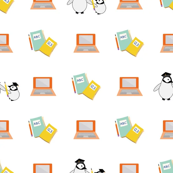 ベクトルノートパソコンとシームレスなパターンの背景を持つかわいいペンギンの雛。天皇の赤ちゃんの雛の漫画のペアは、ジャーナル、白い背景にコンピュータと。学習、学校の概念の繰り返し — ストックベクタ