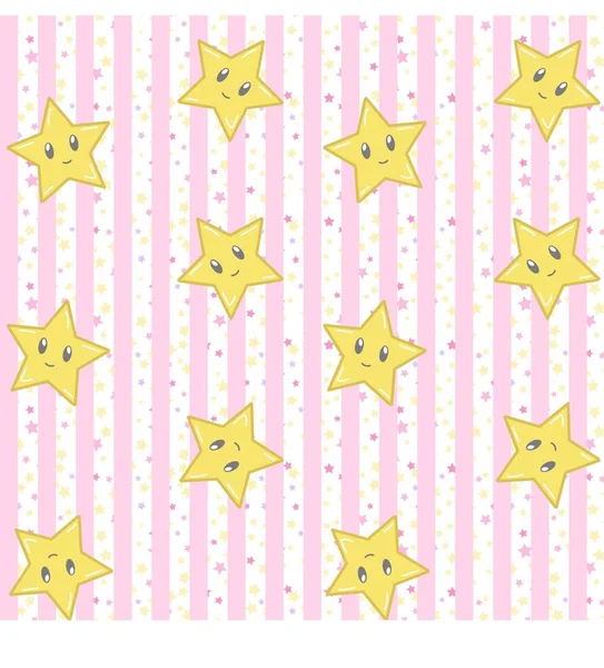 ピンクのストライプの背景ベクトルのシームレスな繰り返しパターンの上に落ちてかわいい柔らかい黄色の星 — ストックベクタ