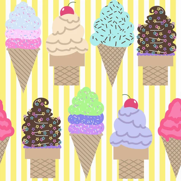 Seamless Vector Repeating Pattern Cute Ice Cream Cones Yellow White — Stock Vector