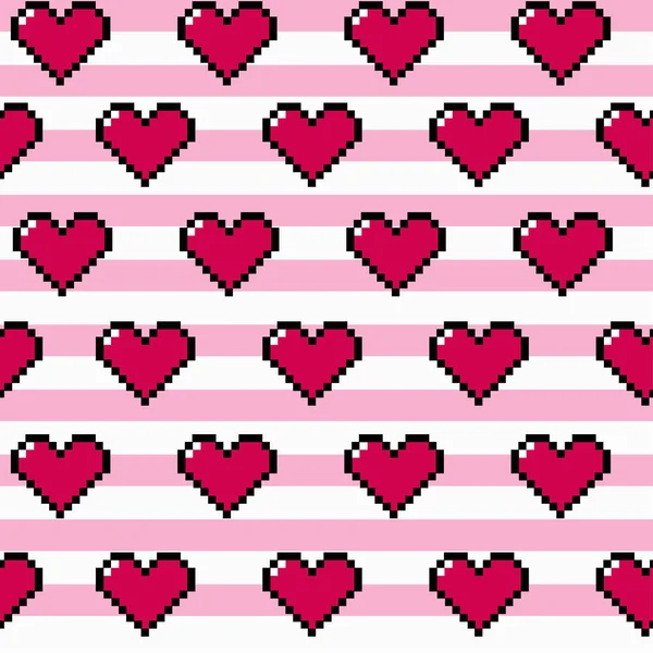 Pixel Valentijnsdag Harten Roze Witte Stripe Naadloze Herhalend Patroon Van — Stockvector