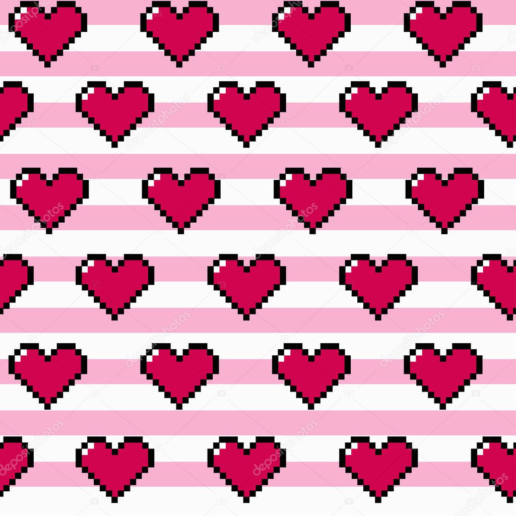 Pixel Valentine's hearts on pink and white stripe seamless repeating vector pattern