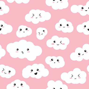 Mutlu, kawaii bulutların pembe bir arka plan üzerinde sorunsuz yinelenen vektör desen.