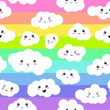 Mutlu, kawaii bulutların bir gökkuşağı şerit arka planda kesintisiz yinelenen vektör desen.