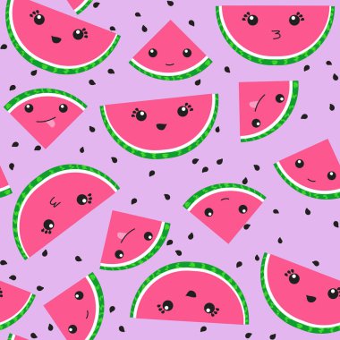 Kawaii karpuz ve tohumlar bir lavanta renkli arka plan üzerinde sorunsuz yinelenen vektör desen.