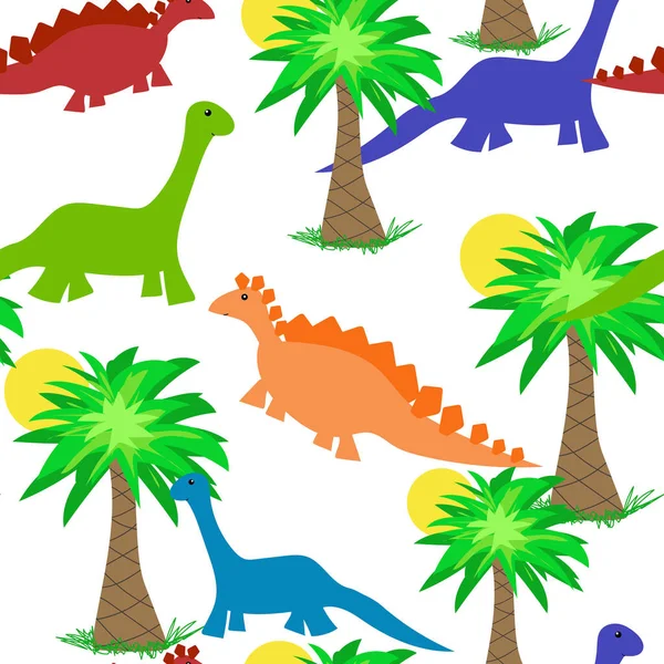 Naadloze Herhalend Patroon Van Vector Van Schattige Dinosaurussen Palmbomen Een — Stockvector