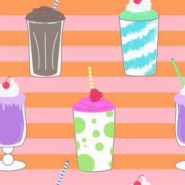 Pembe ve turuncu şerit arka plan üzerinde dondurma soda pop kadeh sorunsuz yinelenen vektör desen.
