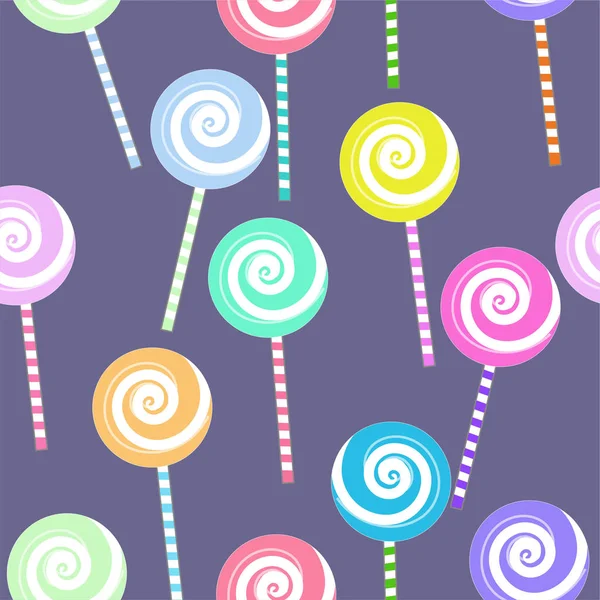 Seamless Repeating Vector Pattern Swirly Lollipops Deep Purple Background — Stock Vector