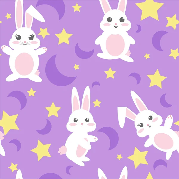 Patrón Vectorial Repetitivo Sin Costuras Conejos Kawaii Con Estrellas Lunas — Vector de stock