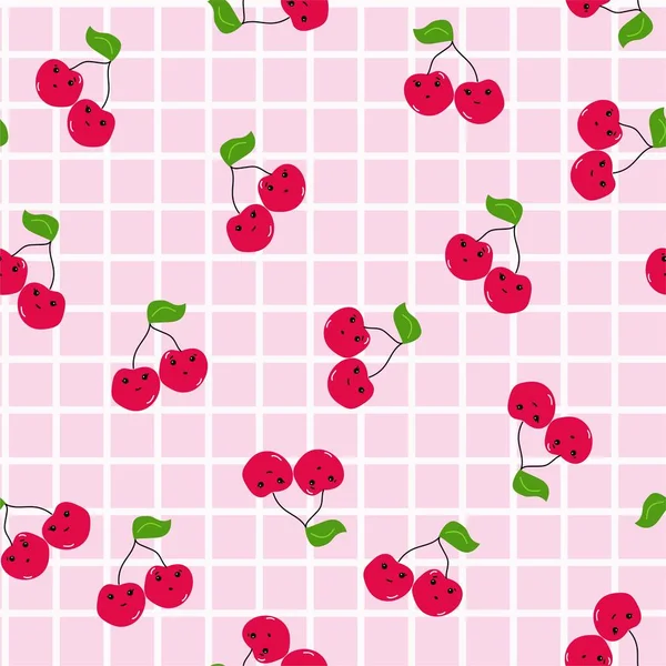 Cerises Rouges Kawaii Sur Fond Grille Rose Blanc Motif Vectoriel — Image vectorielle
