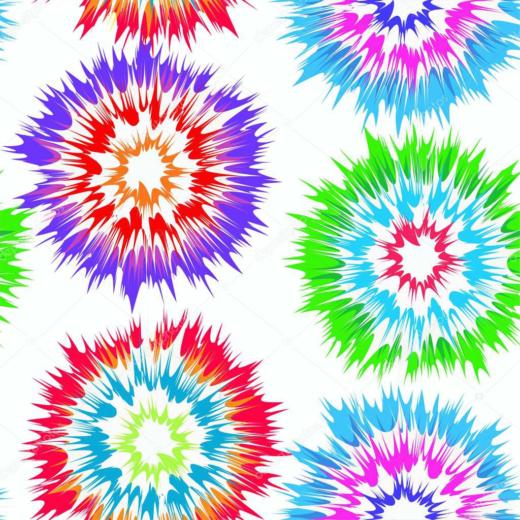 Tie Dye look vector seamless repeating pattern in bright colors on white background.