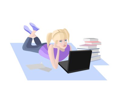E-öğrenme, kız dizüstü bilgisayar ile yerde yatan