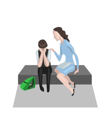 Çocuk ağlıyor ve anne onu teselli etmeye çalışıyor. Çocuk stresli ve üzgün okuldan döndü.