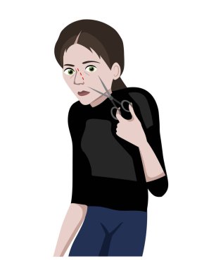 Vücut dismorfik bozukluğu, dismorfofobi. Elinde makas tutan üzgün kadın.