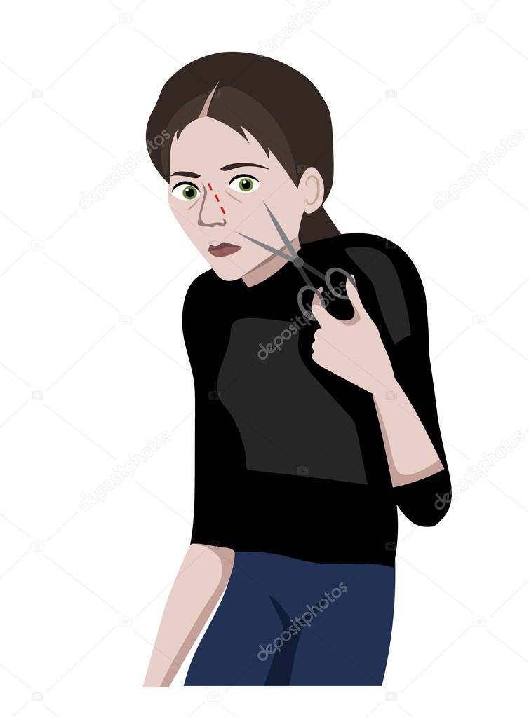 Body dysmorphic disorder, dysmorphophobia. Sad woman holding scissors in her hands.