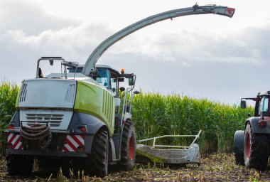 Mısır hasadı, mısır tarlası hasat aracı, traktörlü hasat kamyonu.