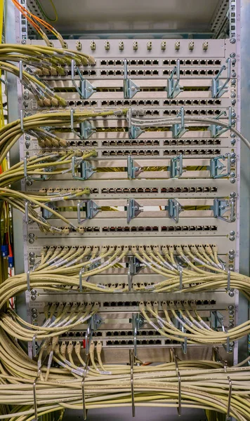 네트워크 케이블 Rj45 케이블 광섬유 케이블에 네트워크 스위치 — 스톡 사진