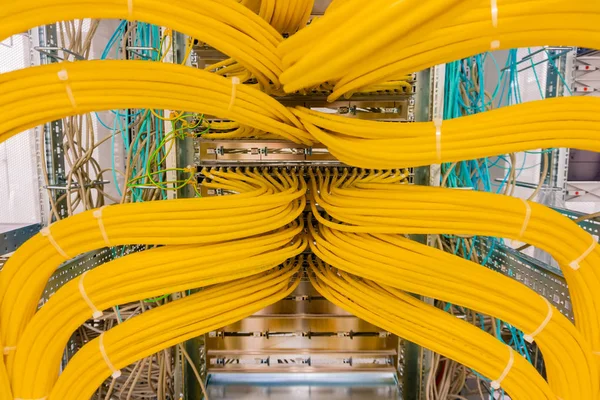 Rj45 电缆光缆的网络交换机连接 — 图库照片