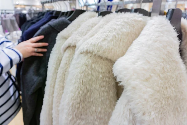 Faux Fur Jacket Winter Season Clothes Rack — Stock Photo, Image