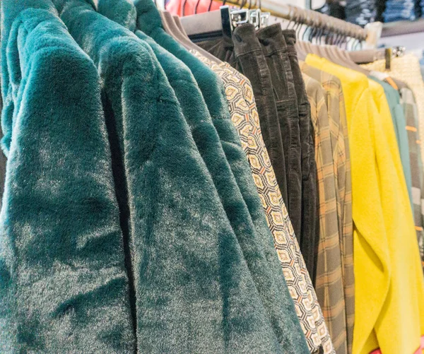 Faux Fur Jacket Winter Season Clothes Rack — Stock Photo, Image