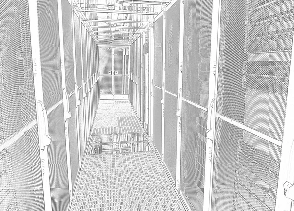 digital drawn sketch Photo sketch of a data center with server racks, Vector Illustration.