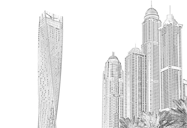 Digitale Linienzeichnung Foto Skizze Skyline Von Dubai Illustration — Stockfoto