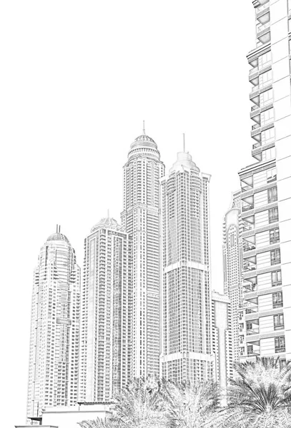 Zdjęcie Cyfrowe Rysowania Linii Szkicu Panoramę Dubaju Ilustracja — Zdjęcie stockowe