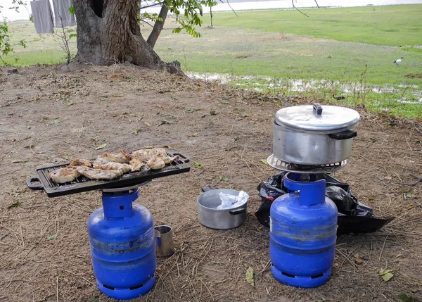 Gas bottles for cooking at the tent Camp in the savannah of Africa