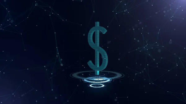 International currency dollar is on three virtual glowing circlers. Horizontal lines connected the whole sign. Space background. — Stock Photo, Image