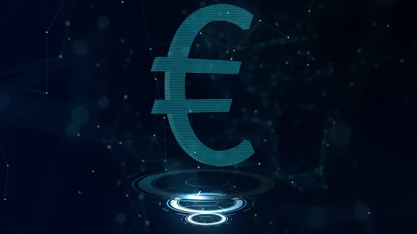 Een prachtig 3D Euro teken. Space Blue cyberspace achtergrond met internetverbindingen. Euro munt is op drie virtuele gloeiende cirkels. — Stockfoto