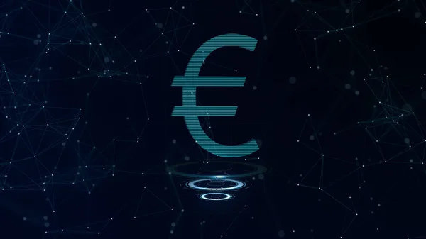 Een prachtig 3D Euro teken. Space Blue cyberspace achtergrond met internetverbindingen. Euro munt is op drie virtuele gloeiende cirkels. — Stockfoto