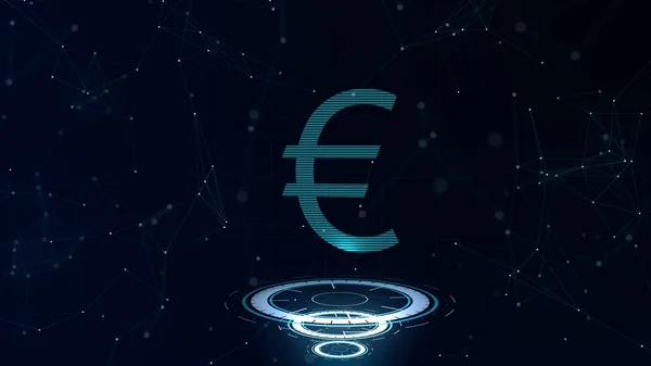 Un superbo segno 3d Euro. Spazio blu cyberspazio sfondo con connessioni internet. Euro valuta è su tre cerchi luminosi virtuali . — Foto Stock