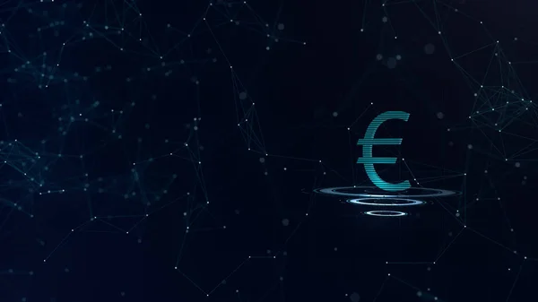 Kiváló 3D-s eurójel. Space kék kibertérben hátteret Internet kapcsolatok. Euró valuta három virtuális izzó körök. — Stock Fotó