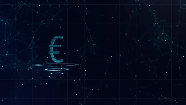 Een prachtig 3D Euro teken. Space Blue cyberspace achtergrond met internetverbindingen. Euro munt is op drie virtuele gloeiende cirkels. — Stockfoto