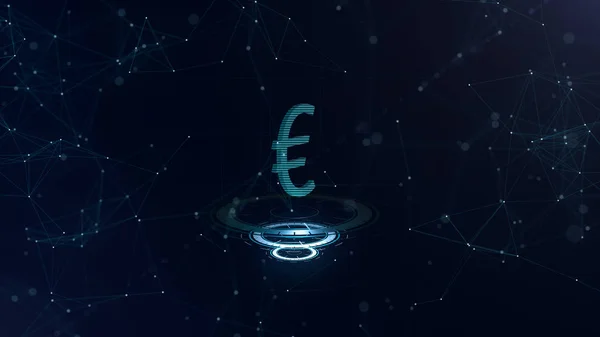 Ein großartiges 3D-Euro-Zeichen. Raum blaue Cyberspace-Kulisse mit Internetverbindungen. Die Eurowährung bewegt sich auf drei virtuell glühenden Kreisen. Plan, Ansicht von oben. — Stockfoto