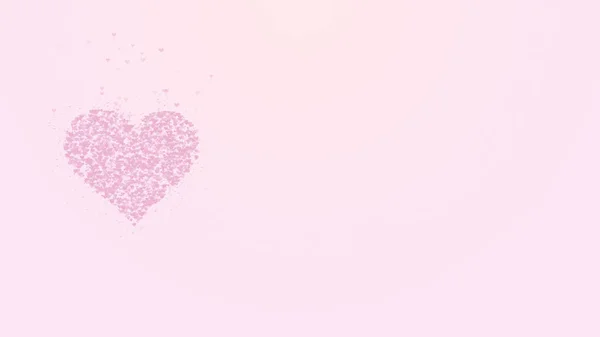 Verschwommenes, kleines rosafarbenes Herz ist auf hellrosa Hintergrund isoliert. Die Ansammlung kleiner Herzen ergibt ein großes Herz. Linke Allokation. Kopierraum. — Stockfoto